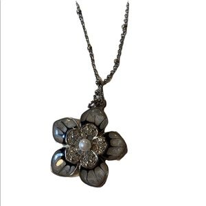 Lia Sophia Gorgeous Enamel Rhinestone Flower Necklace Silver Tone Signed Vintage